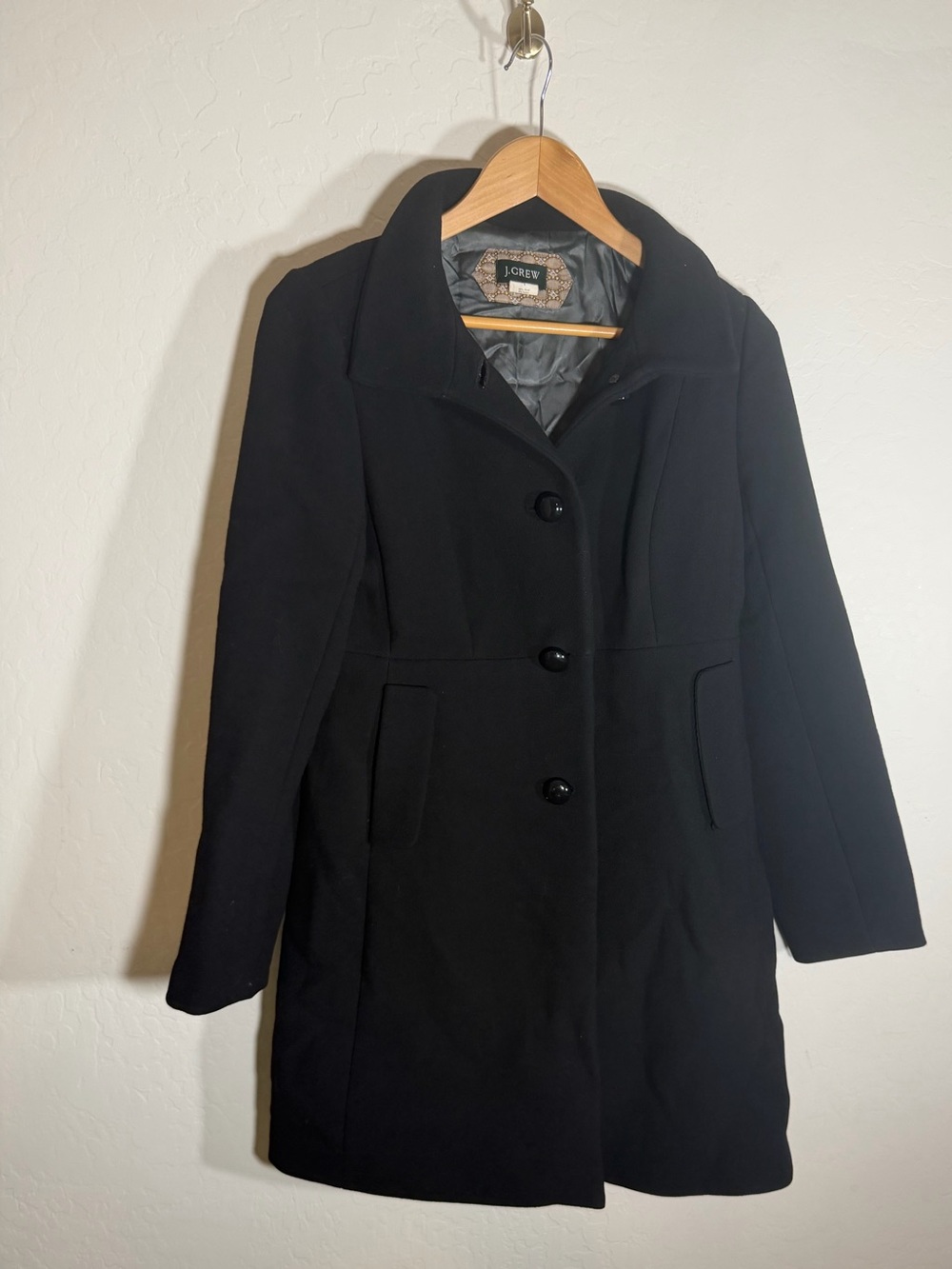 .Crew Black Wool Empire Waist Stand Collar Long Coat Jacket Size 6